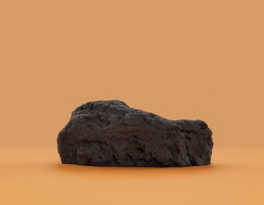 Ürün alanı için sarı arkaplanda bulunan izole koyu kayalar, 3d oluşturma, boş alan