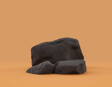 Ürün alanı için sarı arkaplanda bulunan izole koyu kayalar, 3d oluşturma, boş alan