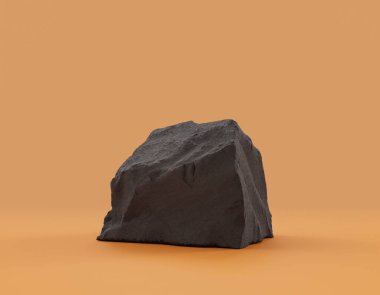 Ürün alanı için sarı arkaplanda bulunan izole koyu kayalar, 3d oluşturma, boş alan