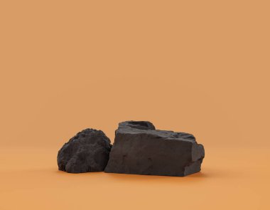 Ürün alanı için sarı arkaplanda bulunan izole koyu kayalar, 3d oluşturma, boş alan