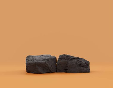 Ürün alanı için sarı arkaplanda bulunan izole koyu kayalar, 3d oluşturma, boş alan