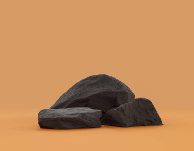 Ürün alanı için sarı arkaplanda bulunan izole koyu kayalar, 3d oluşturma, boş alan