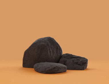 Ürün alanı için sarı arkaplanda bulunan izole koyu kayalar, 3d oluşturma, boş alan