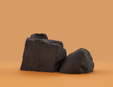 Ürün alanı için sarı arkaplanda bulunan izole koyu kayalar, 3d oluşturma, boş alan