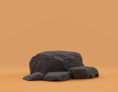 Ürün alanı için sarı arkaplanda bulunan izole koyu kayalar, 3d oluşturma, boş alan