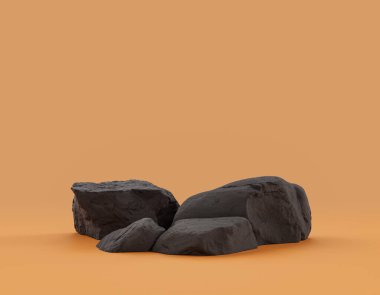 Ürün alanı için sarı arkaplanda bulunan izole koyu kayalar, 3d oluşturma, boş alan