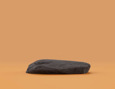 Ürün alanı için sarı arkaplanda bulunan izole koyu kayalar, 3d oluşturma, boş alan