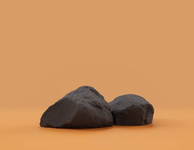 Ürün alanı için sarı arkaplanda bulunan izole koyu kayalar, 3d oluşturma, boş alan