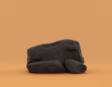 Ürün alanı için sarı arkaplanda bulunan izole koyu kayalar, 3d oluşturma, boş alan