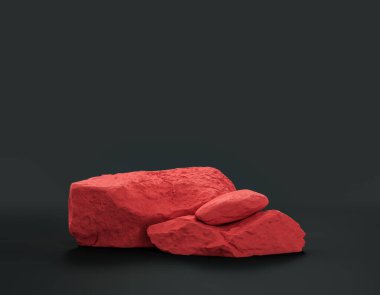 Fotokopi alanı olan ürün gösterimleri için koyu arkaplan üzerinde kırmızı renk kayaları, 3d oluşturma, hiç kimse