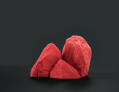 Fotokopi alanı olan ürün gösterimleri için koyu arkaplan üzerinde kırmızı renk kayaları, 3d oluşturma, hiç kimse