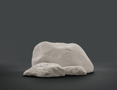 Fotokopi alanı, 3d Renklendirme, hiç kimse için ürünün gösterimi için düz gri arkaplan içerisindeki tek renk beyaz kayalar