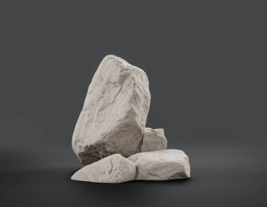 Fotokopi alanı, 3d Renklendirme, hiç kimse için ürünün gösterimi için düz gri arkaplan içerisindeki tek renk beyaz kayalar