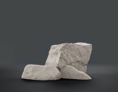 Fotokopi alanı, 3d Renklendirme, hiç kimse için ürünün gösterimi için düz gri arkaplan içerisindeki tek renk beyaz kayalar