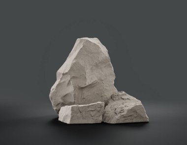 Fotokopi alanı, 3d Renklendirme, hiç kimse için ürünün gösterimi için düz gri arkaplan içerisindeki tek renk beyaz kayalar