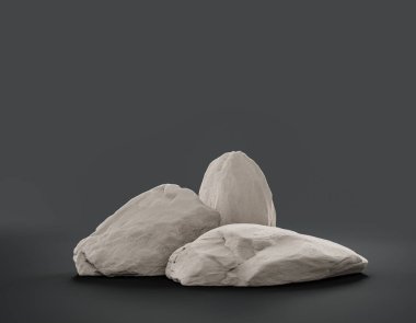 Fotokopi alanı, 3d Renklendirme, hiç kimse için ürünün gösterimi için düz gri arkaplan içerisindeki tek renk beyaz kayalar