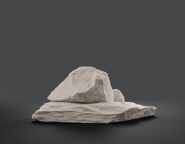 Fotokopi alanı, 3d Renklendirme, hiç kimse için ürünün gösterimi için düz gri arkaplan içerisindeki tek renk beyaz kayalar