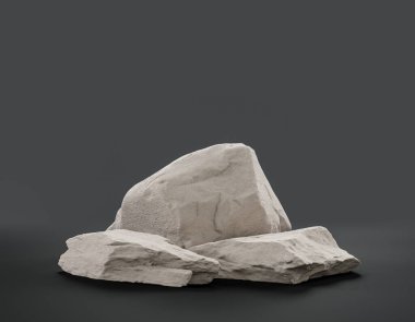 Fotokopi alanı, 3d Renklendirme, hiç kimse için ürünün gösterimi için düz gri arkaplan içerisindeki tek renk beyaz kayalar