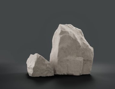 Fotokopi alanı, 3d Renklendirme, hiç kimse için ürünün gösterimi için düz gri arkaplan içerisindeki tek renk beyaz kayalar