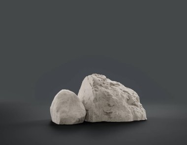 Fotokopi alanı, 3d Renklendirme, hiç kimse için ürünün gösterimi için düz gri arkaplan içerisindeki tek renk beyaz kayalar