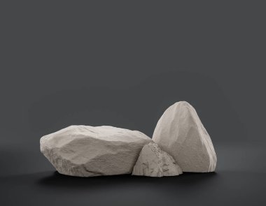 Fotokopi alanı, 3d Renklendirme, hiç kimse için ürünün gösterimi için düz gri arkaplan içerisindeki tek renk beyaz kayalar