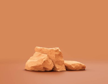 Düz sarı arkaplan içinde tek renk sarı kayalar ürün gösterimleri için kopya alanı, 3d oluşturma, hiç kimse