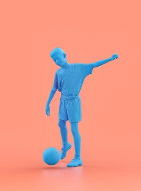 Yerde topa vuran bir çocuk, mavi renkli tek renkli insan modeli, tek renk kil insan duruşu, 3D