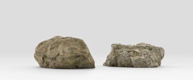 Beyaz arka planda iki parça izole gerçekçi kaya, üç boyutlu görüntüleme, insan yok.