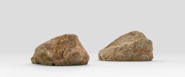 Beyaz arka planda iki parça izole gerçekçi kaya, üç boyutlu görüntüleme, insan yok.