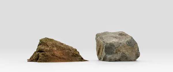 Dos Piezas Rocas Realistas Aisladas Fondo Blanco Renderizado Sin Personas — Foto de Stock