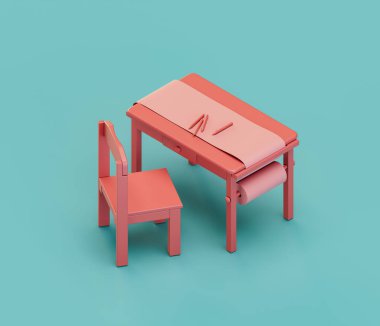 Çocuklar için çizim ve resim masası. Çocukların fiziksel ve zihinsel gelişimi için Isome kırmızısı anaokulu nesnesi. Tek renkli, tek renk, üç boyutlu. Kimse yok..