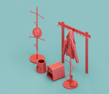 Çocuk elbise askısı ve ayakkabı kılıfı. Çocukların fiziksel ve zihinsel gelişimi için Isometric kırmızı oyun alanı nesnesi. Tek renkli, tek renk, üç boyutlu. Kimse yok..