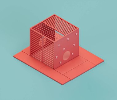İpleri ve tırmanma duvarları olan bir oyun kafesi. Çocukların fiziksel ve zihinsel gelişimi için Isometric kırmızı oyun alanı nesnesi. Tek renkli, tek renk, üç boyutlu. Kimse yok..