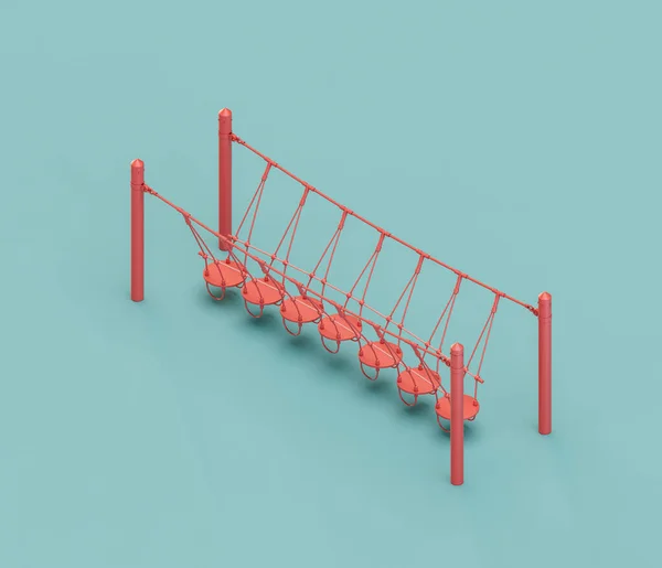 Çocuk köprüsü. Çocukların fiziksel ve zihinsel gelişimi için Isometric kırmızı oyun alanı nesnesi. Tek renkli, tek renk, üç boyutlu. Kimse yok..
