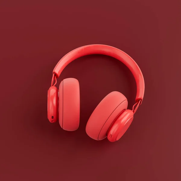 Einfarbige Rote Farbe Über Kopfhörer Einem Roten Studio Draufsicht Wiedergabe — Stockfoto