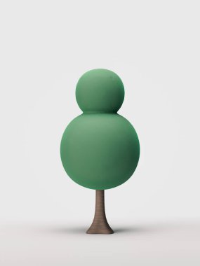 Tarzlı tek ağaç, düz stil yeşil yaprak ve kahverengi gövde beyaz arka planda izole edilmiş ağaç, 3D görüntüleme, kimse yok.