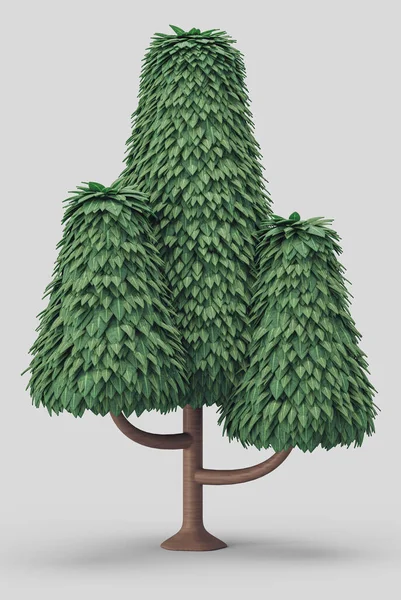 濃い葉を持つ一本の木 緑の葉で覆われたスタイルの木モデル 孤立した基本的な形状の木モデル 白い背景のない人 3Dレンダリング — ストック写真