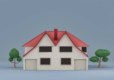 Emlak mülkü ağaçlarla ayrılmış tek ev, minyatür ayrık ev modeli beyaz ve kırmızı renkler, 3D renkler, yüksek çözünürlük, hiç kimse.