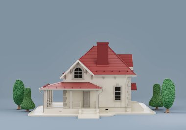 Emlak mülkü ağaçlarla ayrılmış tek ev, minyatür ayrık ev modeli beyaz ve kırmızı renkler, 3D renkler, yüksek çözünürlük, hiç kimse.