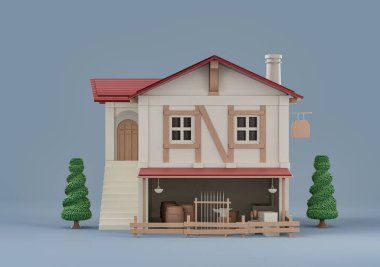 Emlak mülkü ağaçlarla ayrılmış tek ev, minyatür ayrık ev modeli beyaz ve kırmızı renkler, 3D renkler, yüksek çözünürlük, hiç kimse.