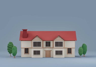 Emlak mülkü ağaçlı tek ev, minyatür ev modeli beyaz ve kırmızı renkler, 3D renkler, yüksek çözünürlük, hiç kimse