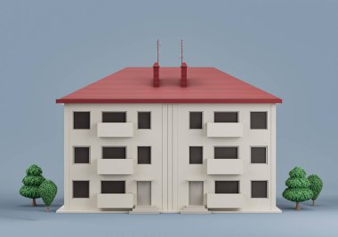 Gayrimenkul yüksek binası, ağaçlı çok katlı bina, minyatür ev modeli beyaz ve kırmızı renkler, 3D imalat, yüksek çözünürlük, kimse yok.