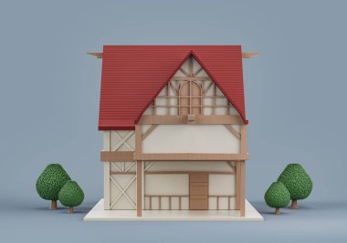 Emlak mülkü, ağaçlı tek bir köy evi, minyatür ev modeli beyaz ve kırmızı renkler, 3D renkler, yüksek çözünürlük, hiç kimse