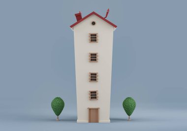 Ağaçları olan ince ve uzun bir bina, minyatür ev modeli beyaz ve kırmızı renkler, 3D renkler, yüksek çözünürlük, hiç kimse