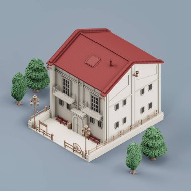 Ağaçları olan Isometric ayrık ev, minyatür ayrık ev modeli beyaz ve kırmızı renkler, 3D renkler, yüksek çözünürlük, hiç kimse