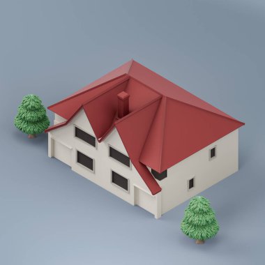 Ağaçları olan Isometric ayrık ev, minyatür ayrık ev modeli beyaz ve kırmızı renkler, 3D renkler, yüksek çözünürlük, hiç kimse