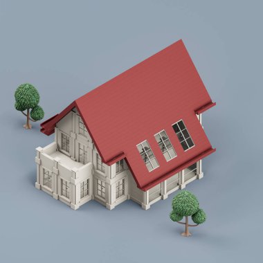 Ağaçlı, minyatür gayrimenkullü, beyaz ve kırmızı renklerde, 3D renkte, yüksek çözünürlüklü, hiç kimse.