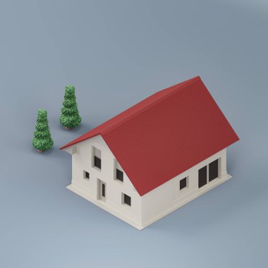 Ağaçları olan Isometric ayrık ev, minyatür ayrık ev modeli beyaz ve kırmızı renkler, 3D renkler, yüksek çözünürlük, hiç kimse