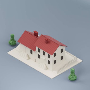 Ağaçlı, minyatür gayrimenkullü, beyaz ve kırmızı renklerde, 3D renkte, yüksek çözünürlüklü, hiç kimse.