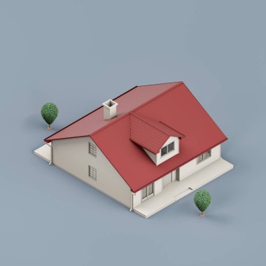 Ağaçları olan Isometric ayrık ev, minyatür ayrık ev modeli beyaz ve kırmızı renkler, 3D renkler, yüksek çözünürlük, hiç kimse